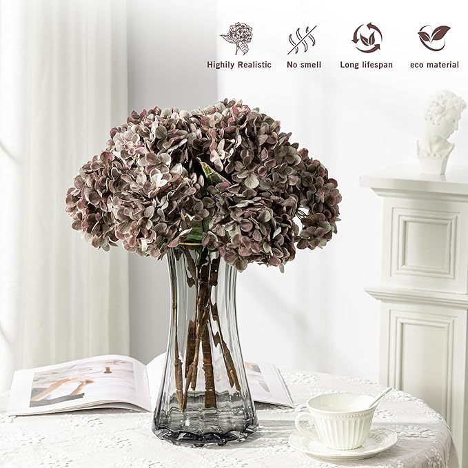 Artificial Flower Fake Silk Hydrangea Heads Bouquet with Stems Bulk for Fall Decoration Table Center Christmas Indoor Outdoor Faux Floral Realistic with Leaves Plants Crafts 8PCS(Brown)