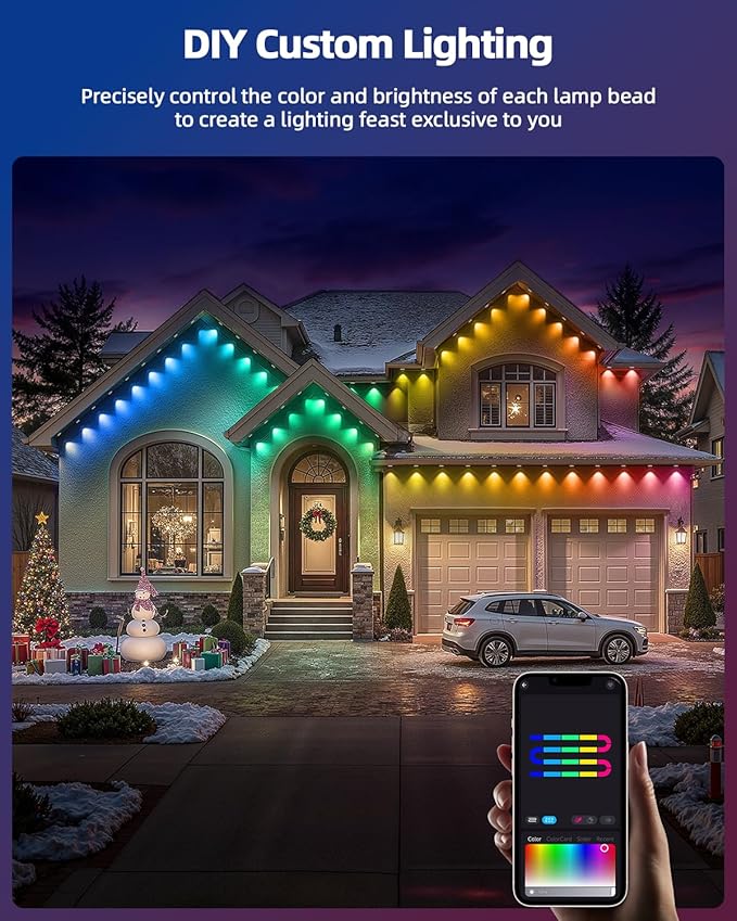 REYLAX 100FT Permanent Outdoor Lights with 60 LED Lights, RGB+IC Eaves Lights, IP67 Waterproof, Multi Scenes for Outdoor Christmas Holidays Decor, Works with APP & Remote Control, White