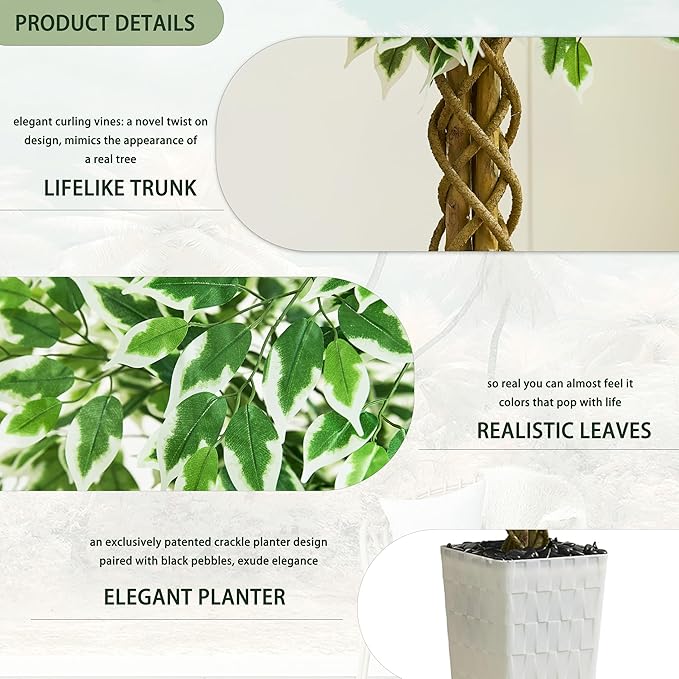 Artificial Ficus Tree Indoor 6FT Fake Plants Large Artificial Plant with Crack White Tall Planter, Green Lifelike Lush Fake Ficus Tree for Home Living Room Bedroom Outdoor Balcony House Office Decor