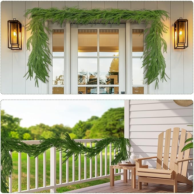 2Pcs 9FT Norfolk Pine Garland Christmas Dense Winter Pine Garland Green Artificial Faux Greenery Real Touch Garlands for Mantle, Wall, Table, Home Xmas Holiday Decor