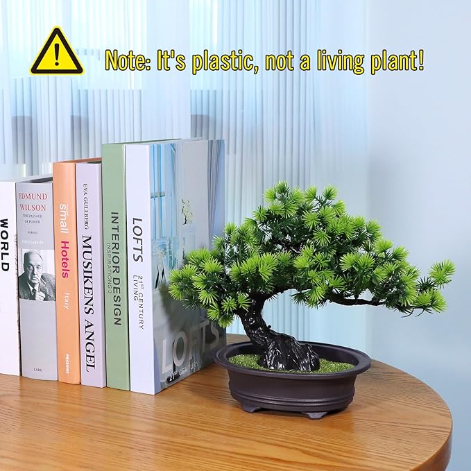 Artificial Bonsai Tree - Fake Plants for Home Decor, Bookshelf Coffee Table Office Desk Bathroom Farmhouse Indoor Decor, 9.5" Tall, Green