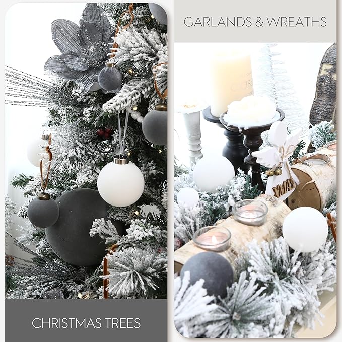 Sea Team 16-Pack Flocked Velvet Christmas Tree Ball Ornaments Set, Hanging Velour Baubles, Shatterproof Plastic Decorations for Xmas Tree, Wreath, Garland, 80mm/3.15 Inches, Gray