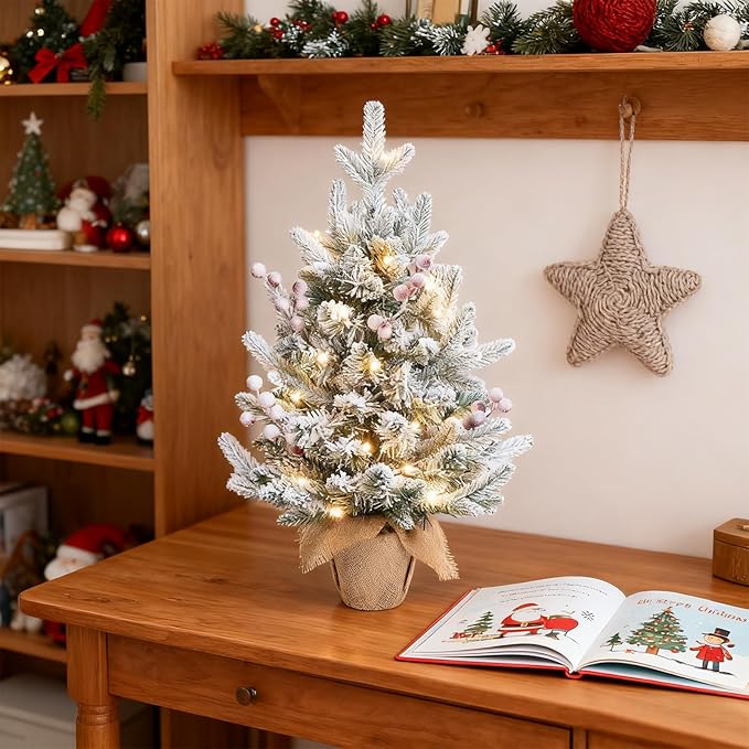 ELYKEN 22'' Mini Christmas Tree with LED Lights, Small Tabletop Artificial Christmas Xmas Holiday Party Decorations with Red Berries Pine Cones for Desk, Indoor Decor