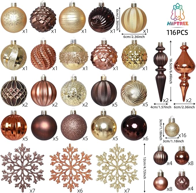 Christmas Tree Ornaments Decorations Set-116ct 1.18-6.5 Inch Assorted Copper Gold Shatterproof Decorative Hanging Christmas Ball Ornaments Bulk,Xmas Tree Tabletop Decorations for Holiday Decor