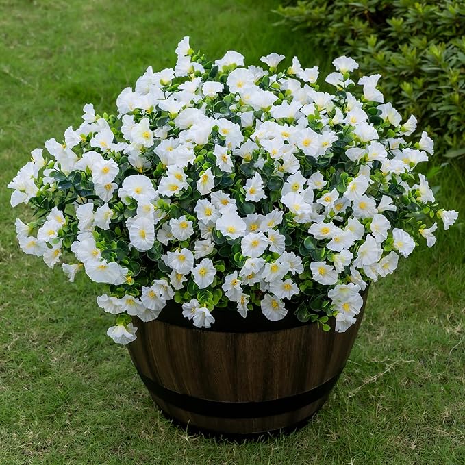 Lnoicy Artificial Flowers for Outdoor 12 Bundles Eucalyptus Fake Flowers for Planter,UV Resistant Fake Morning Glory for Home/Porch/Garden Decoration（White）