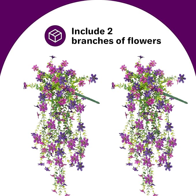 Purple Fake Mums Artificial Hanging Flowers Plants Fall Flowers for Outdoors Decor 2 PCS Faux Silk Daisy with Leaves Artificial Outdoor Flower for Planter Balcony Porch Patio Yard Decoration