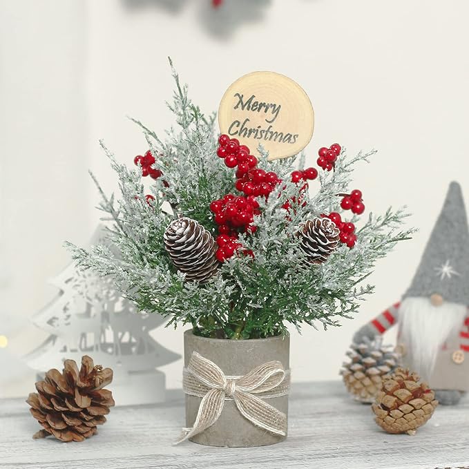 2PCS Small Christmas Tree,Tabletop Mini Xmas Tree,9" Artificial Little Potted for Christmas Decor,Suitable for Weddings, Holidays, Christmas and Other Festivals.(Red/Green)