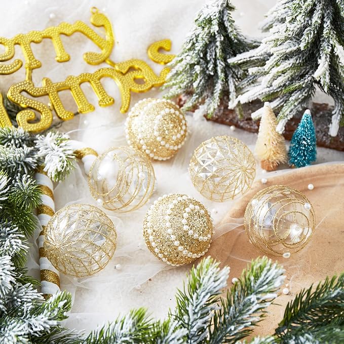 12CT Christmas Ball Ornaments Gold Shatterproof Clear Large Plastic Christmas Tree Decoration, Delicate Hanging Ornaments for Xmas Party, Wedding, Holiday and Home Décor(70mm/2.76")