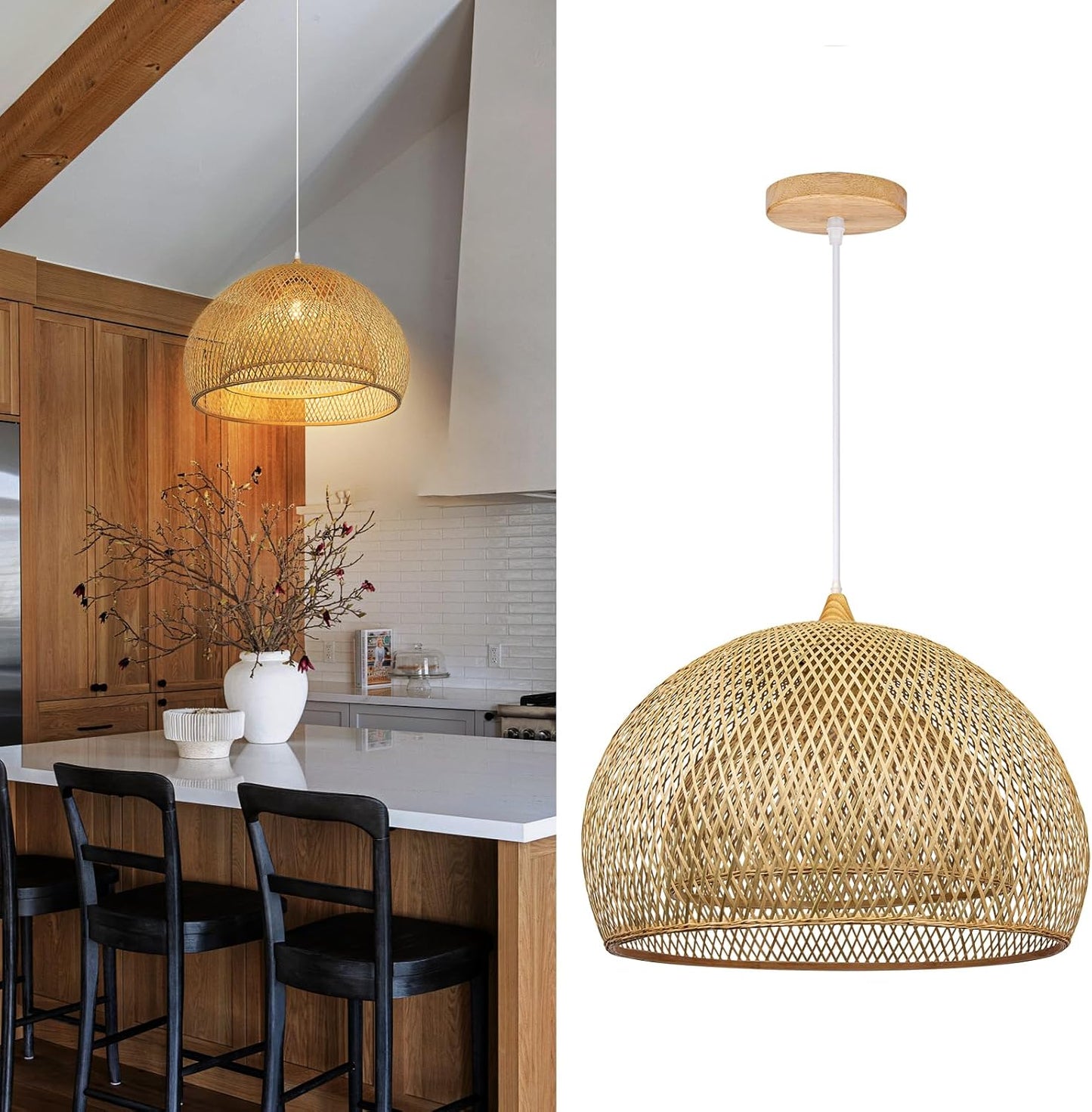 Arturesthome Bamboo Pendant Light for Kitchen Island, 17.6" Wicker Chandelier Lighting, Handmade Woven Hanging Ceiling Light Lampshade for Living Room Bedroom