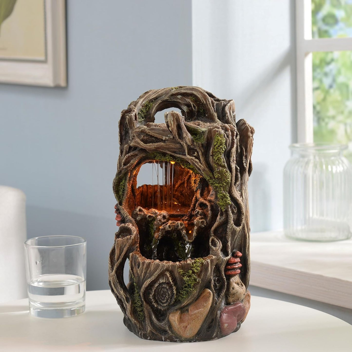 Tabletop Water Fountain, Home Décor Soothing Sound Machine with Automatic Pump, Nature Tree Stump Resin and for Indoor Zen Relaxation for Office, Living Room, or Bedroom Décor