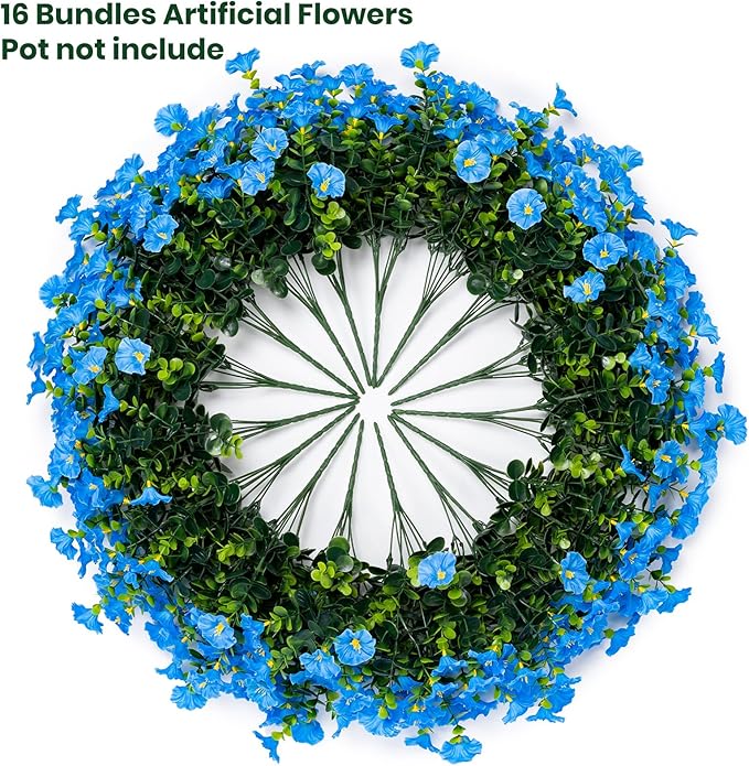 Artificial Faux Flowers for Outdoor 16 Bundles Boxwood Fake Morning Glory for Planter,UV Resistant Fake Flowers for Home Porch Patio Outside（Blue）