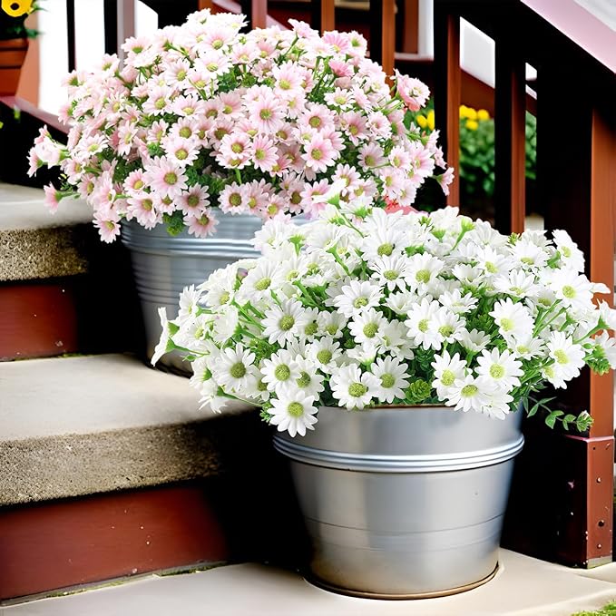 10pcs Outdoors Artificial Mum Flowers UV Resistant Daisy Fake Silk Chrysanthemum Greenery Faux Eucalyptus Plants for Spring Summer Garden Patio Window Box Planter Home Decor(White)