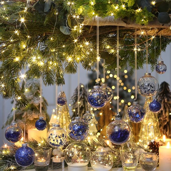 Sea Team 70mm/2.76" Shatterproof Clear Plastic Christmas Tree Ball Ornaments Set, Decorative Hanging Transparent Xmas Baubles with Stuffed Delicate Decorations (24 Counts, Royal Blue)
