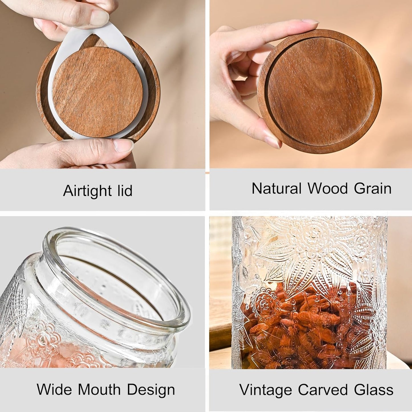 3-Pack 32oz Vintage Glass Jar With Lid, Glass Storage Containers, Airtight Kitchen Storage Containers For Sugar, Coffee, Tea, Spice, Flour, Candy Cookie, Pasta, Cereal