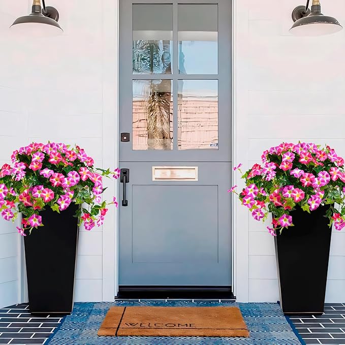 Artificial Flowers for Outdoors 2 Pack UV Resistant Petunias with Real Touch Plastic Leaves, Faux Flowers for Outdoor Planters, Silk Flowers for Outside Garden Porch Window Patio Home Decor, Fuchsia