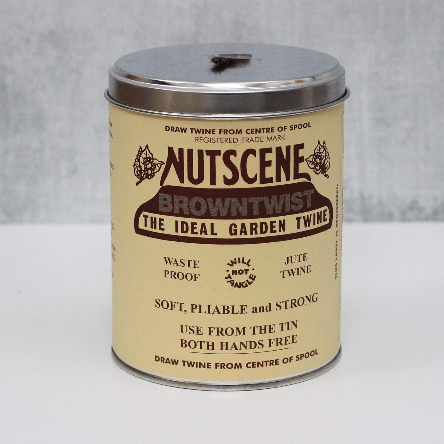 NUTSCENE Iconic Tin (Tin ‘O’ Twine) with Their Heritage Scottish Jute Twine and Hole in Top for Easy Dispensing. 14 Colors to Choose from. 164 Yards. (Brown)