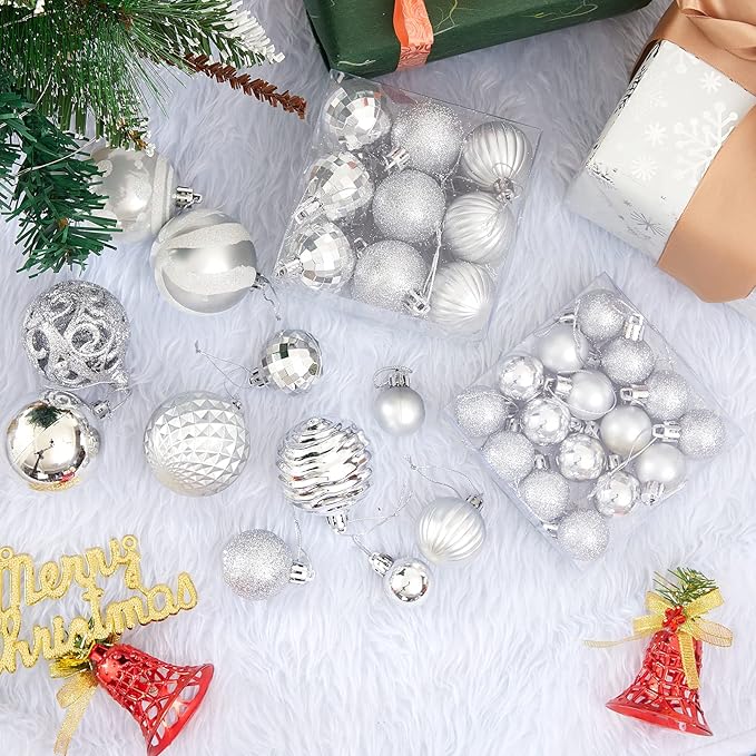 100PCS Christmas Ball Ornaments, Assorted Shatterproof Christmas Tree Decorations, Seasonal Decorative Hanging Baubles Decor Set for Xmas/Holiday/Party, Glitter&Painting Ornament Set (Silver)