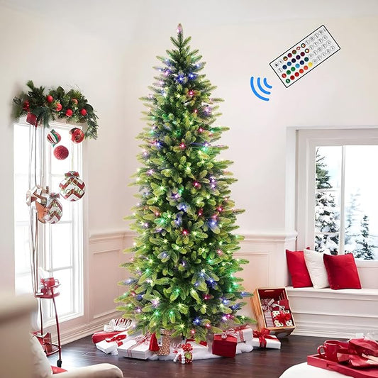 Alupssuc 7ft Prelit Artificial Hinged Pencil Christmas Tree with 330 Multi-Color Changing RGB Lights and 1809 PE & PVC Branch Tips, Remote Control 7 Feet Pre-Lit Slim Tree for Xmas Decoration, Green