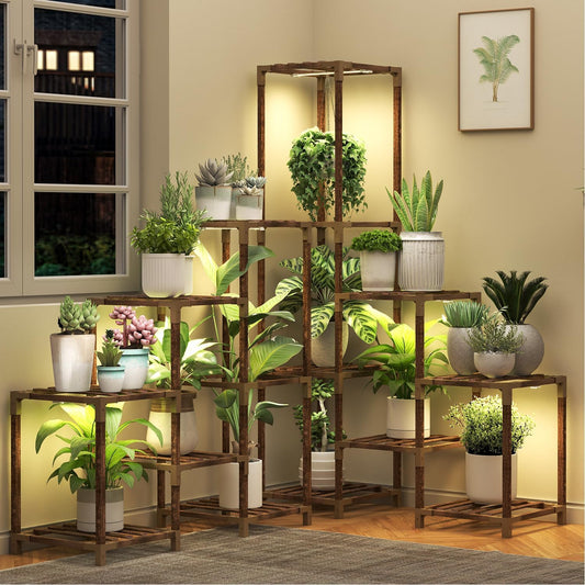 HOMKIRT Large Corner Plant Stand with Grow Light, Plant Shelf Indoor Flower Stand for Living Room Patio Garden Home Decor