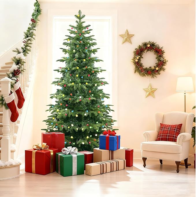 6FT Artificial Christmas Tree with LED Lights Pre-Lit, Pine Tree Indoor Christmas Decorations with Metal Foldable Stand, Xmas Tree for Home Office Holiday Party, ETL Listed