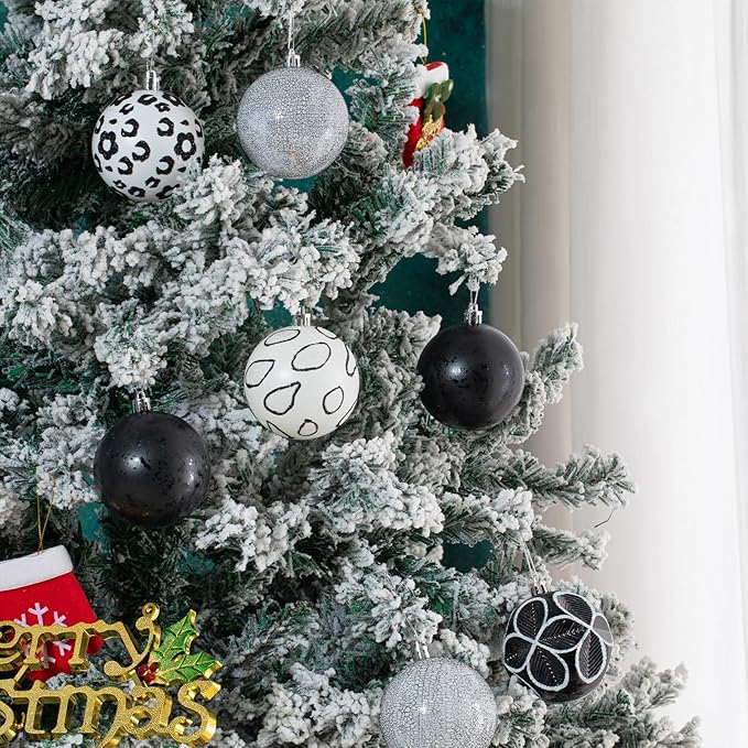16CT Leopard Christmas Ornaments,Shatterproof Black and White Christmas Decorations, Lage Baubles Ornaments Hanging Decor for Xmas Tree Home Party Festivals (80MM/3.15'')
