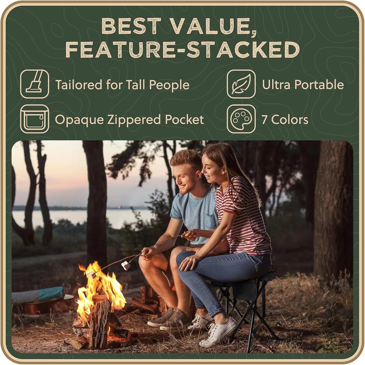 Foldable Tripod Stool - Ultra Portable Seat for Tall People, 20” High - Hunting Chair & Hidden Zippered Pocket - 2 lb Camping Stool, 3 Legged Strong Steel Stool Holds up to 200 lb (Black)