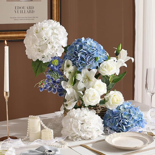 Nubry 22.44In Hydrangea Artificial Flowers, 4Pcs Latex Faux Real Touch Large Hydrangea Flowers with Long Stems & Leaves for Home Office Decor Wedding Party Arrangements(White&Blue)