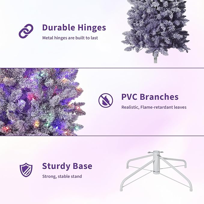 GAOMON 6Ft Snow Flocked Pencil Christmas Tree, Slim Artificial Christmas Tree with Sturdy Metal Stand, Skinny Xmas Tree Holiday Decoration for Home, Office, White & Purple Gradient