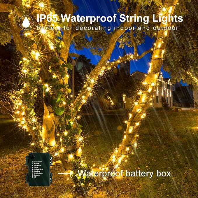 Upgraded 4Pack 160FT 400 LED Battery Operated Christmas String Lights Outdoor/Indoor, Timer & 8 Modes with Green Wire Christmas Tree Lights, Waterproof Fairy Lights for Xmas Tree Garden(Warm White)