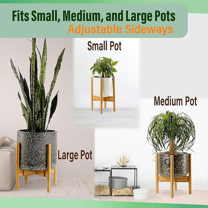 ZPirates Plant Stand for Indoor - Adjustable Sideways to fit 8 10 or 12 Inch-wide Medium-Large Planter Pots - Ideal for Live and Fake, Corner and Floor Plants - 14-inch Tall - Bamboo Wood