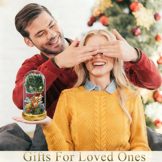 Preserved Flower Glass Dome with LED Lights, Handmade Hydrangea Tree and Eternal Rose Arrangement on Wood Base, for All Festivals,for You to Send Love for All Occasions(Dark Green)