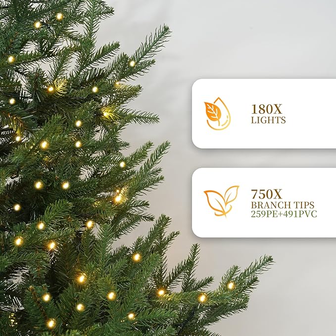 6ft Pre-Lit Christmas Tree, Premium Hinged Artificial Pine Tree w/ 750 Realistic Branch Tips 180 Warm LED Lights Spruce Xmas Full Tree w/Metal Hinges & Foldable Metal Base for Home/Office