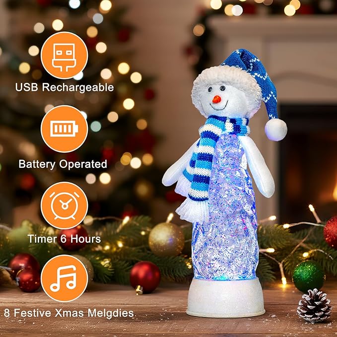 Christmas Snow Globe Lantern Indoor Decor Snowman Christmas with Music,6H Timer,USB Lined/Battery Operated Lighted Lantern for Christmas Festival Decoration Gifts