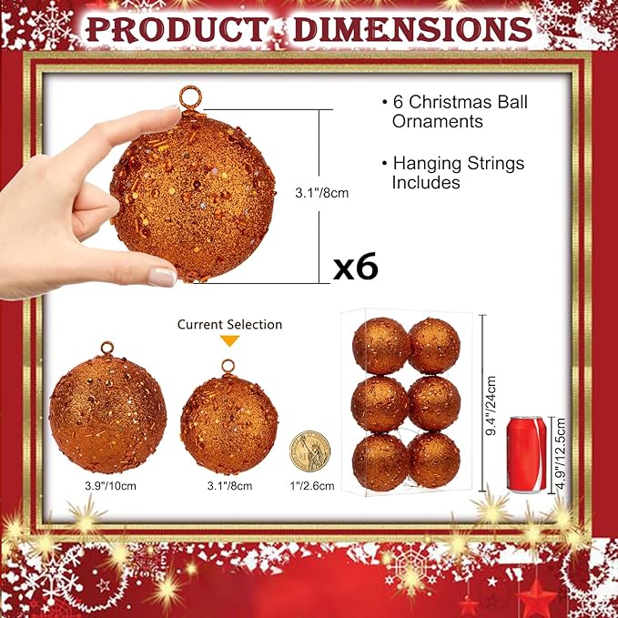3.15" Large Christmas Balls Ornaments 6 Pcs Shatterproof Big Orange Christmas Ornaments for Xmas Tree Bulk Glitter Big Xmas Tree Ornament for Trees Halloween Holiday Wedding Party Decoration