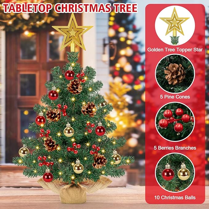 [ Timer & 8 Modes] 24 Inch Artificial Mini Christmas Tree with 50 Warm White Lights Star Treetop and Ornaments Small Tabletop Christmas Tree for Indoor Home Table Christmas Decorations