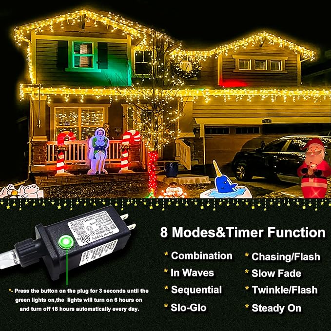 Icicle Lights for Outside 33ft 400 LED Icicle Christmas Lights Outdoor 8 Modes with 75 Drops, Plug in Christmas Light Waterproof for Indoor Holiday Wedding Xmas Decorations, Warm White
