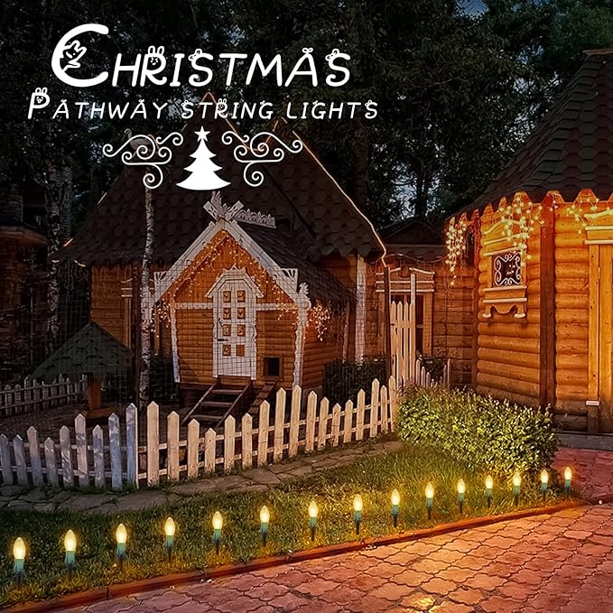 Brightown C9 Christmas Lights Outdoor, 4 Packs Total 103 Ft Christmas Pathway Lights with 80 LED Bulbs and Stakes, Connectable Outdoor Christmas Decorations Yard Walkway Sidewalk Holiday, Warm White