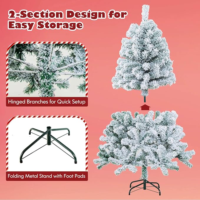 HAPPYGRILL 4.5 FT Pre-Lit Snow Flocked Christmas Tree, Artificial Hinged Xmas Tree with 150 LED Lights, 295 Branch Tips, PVC Leaves, Metal Stand, Xmas Holiday Decor for Office Home