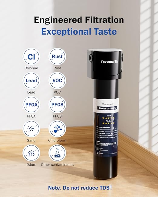 Dreamwills DS15 Under Sink Water Filter System, 1.3 GPM Direct Connect Kitchen Faucet Filtration, 3-Minute Tool-Free Install, Reduces Lead, Chlorine, Bad Taste, Retains Minerals, 2 Years