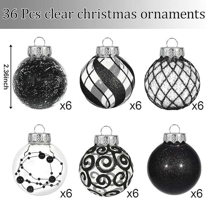 Ouddy Decor 36 Pcs Clear Christmas Ball Ornaments, 2.36" Shatterproof Black Plastic Christmas Ornaments Set Decorative Hanging Transparent Baubles for Xmas Tree Holiday Party Decor, Black