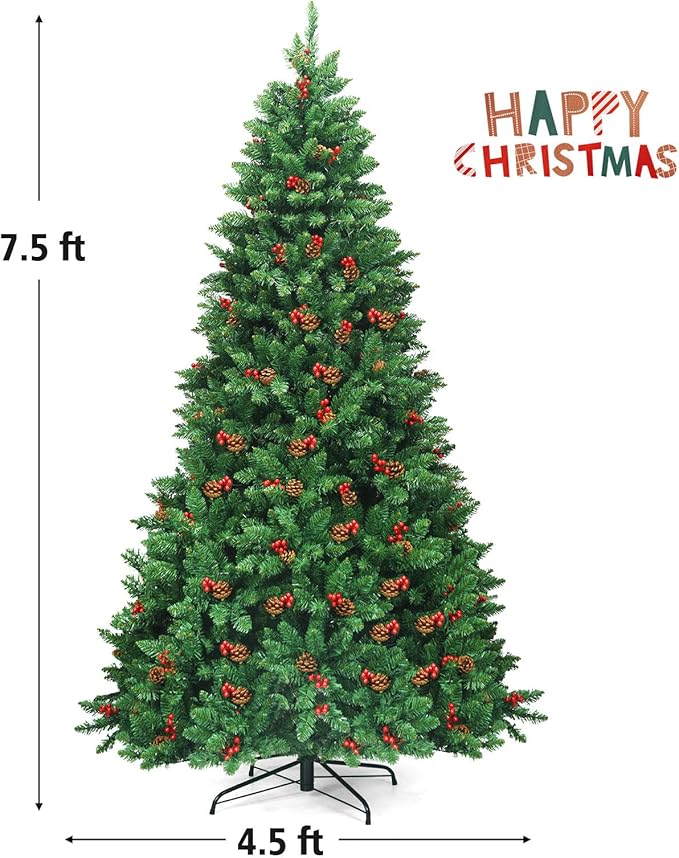 GOFLAME 7.5FT Pre-Lit Christmas Tree with 1526 Branch Tips, Premium PVC Needles, Hinged Artificial Christmas Tree w/Sturdy Metal Stand, Pine Cones and Red Berries for Home, Office, Shops and Hotels