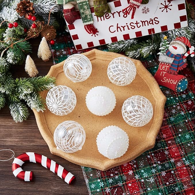 12CT Christmas Ball Ornaments White Shatterproof Clear Large Plastic Christmas Tree Decoration, Delicate Hanging Ornaments for Xmas Party, Wedding, Holiday and Home Décor(70mm/2.76")