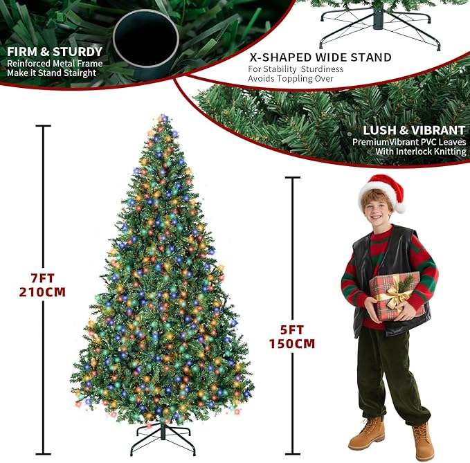 7FT Christmas Tree with Lights,Artificial Christmas Tree with 500 LED Lights and 1592 Branch Tips,Xmas Tree with Foldable Stand Perfect for Indoor&Outdoor,Christmas Decoration for Party by DNKMOR