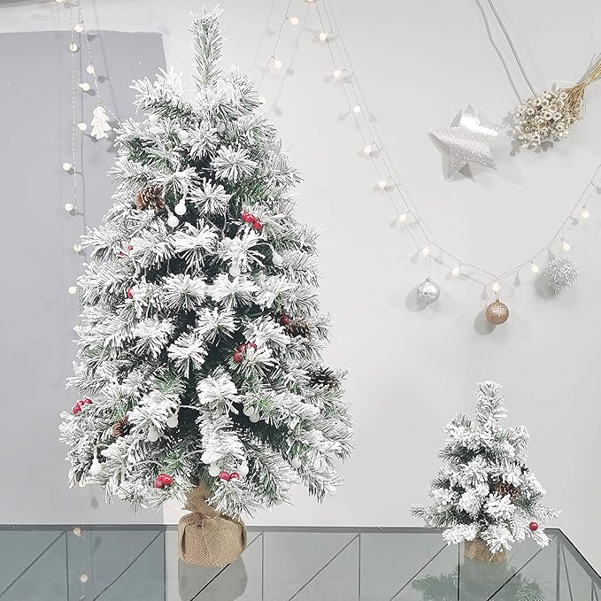 Pre-Lit Artificial Christmas Tree 3ft,Snow Flocked Xmas Pine Tree Decorated with 70 LED Lights,140 Branch Tips,7 Pine Cones,10 Red Berries Christmas Snow Tree for Desktop,Battery Powered