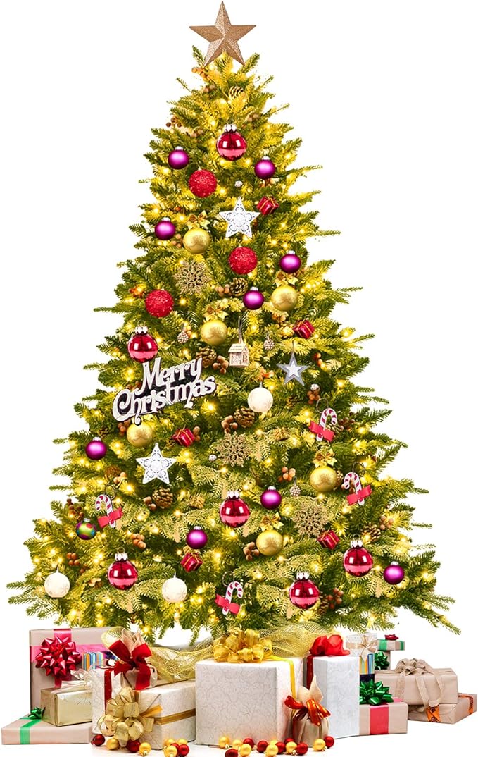 Happygrill 6.5FT Pre-lit Snow Flocked Christmas Tree Classic Natural Christmas Tree with 450 LED Lights Foldable Stand PVC PE Mixed Thick Leaves