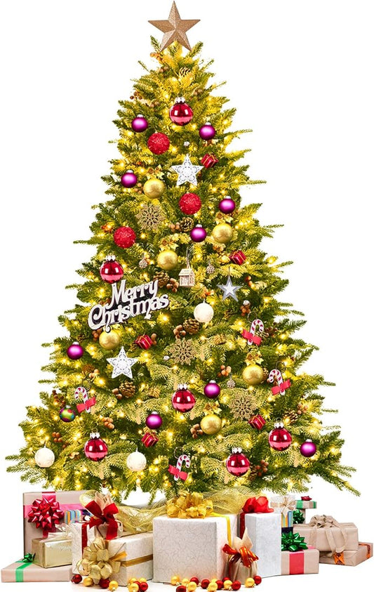 Happygrill 6.5FT Pre-lit Snow Flocked Christmas Tree Classic Natural Christmas Tree with 450 LED Lights Foldable Stand PVC PE Mixed Thick Leaves