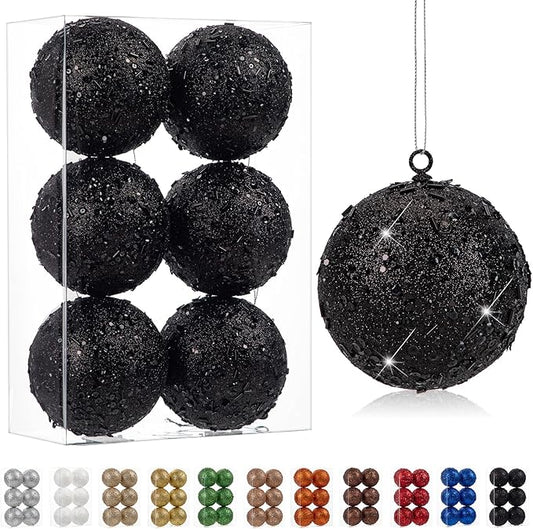 4" Large Christmas Balls Ornaments 6 Pcs Shatterproof Big Black Christmas Ornaments for Tree Bulk Glitter Big Xmas Tree Ornament for Xmas Halloween Holiday Wedding Party Decoration