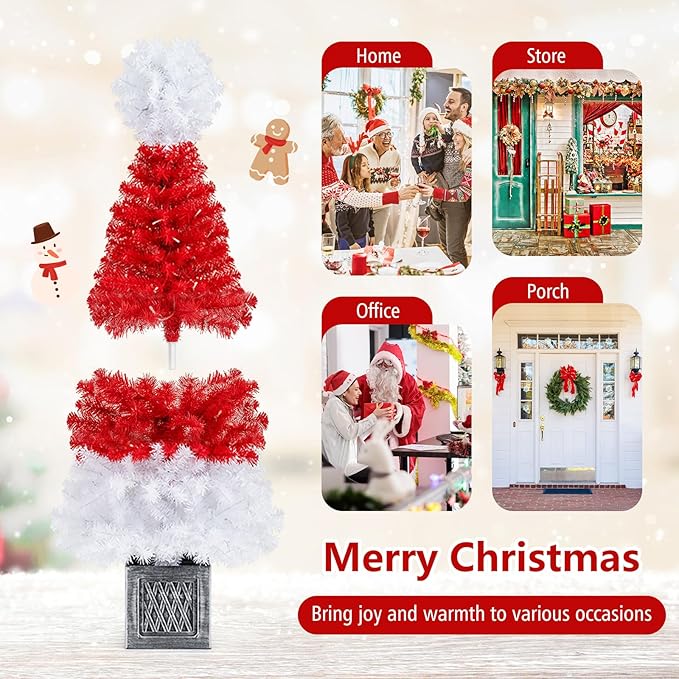 GOFLAME 2 Pack 4FT Pre-Lit Artificial Christmas Entrance Tree, Potted Candy Cane Xmas Tree with 300 Branch Tips, 100 Warm LED Lights, Urn Base, Indoor Outdoor Holiday Decoration Tree for Home Party