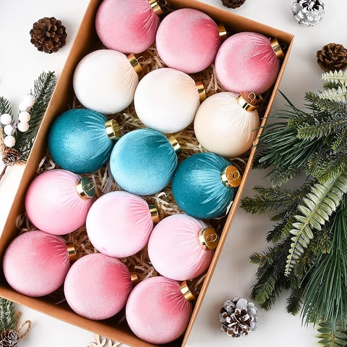 Velvet Christmas Ornaments Balls for Tree - 15pcs Pink & Teal Christmas Ornaments Shatterproof for Xmas Decorations - Multicolor Pink Teal Beige 80mm 3.15inch