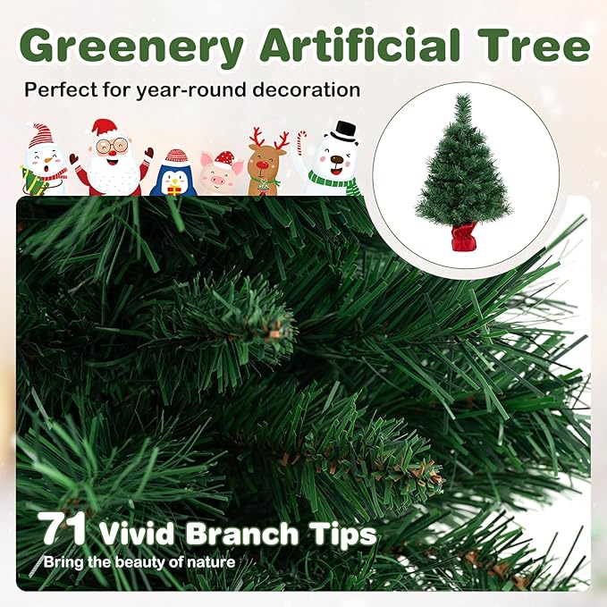 HAPPYGRILL 2FT Small Prelit Christmas Tree, Mini Tabletop Battery Operated Artificial Xmas Tree w/35 LED Lights, 71 Tips & Solid Cement Base, Christmas Spruce Fir Decoration for Fireplace Home Office